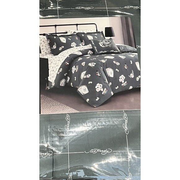 New Ed Hardy King 8Pc Complete Bedding Set Comforter Sheet Pillowcase Black - Picture 10 of 12